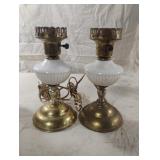 Vintage set of 2 milk glass and brass lamps
