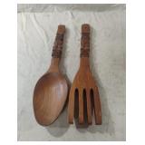 Vintage pair of hand-carved wooden spoon and fork