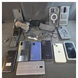 Assorted cell phones, cases and chargers