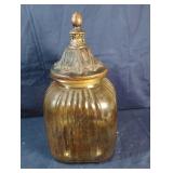 Vintage amber ribbed glass canister with ornate