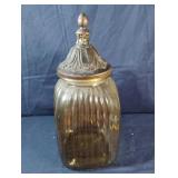 vintage amber ribbed glass canister with ornate