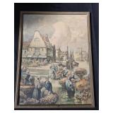 vintage "Dutch Flower Market" lithograph print by