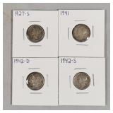 4 Mercury Dimes 1927-S, 1941, 1942-D, 1942-S