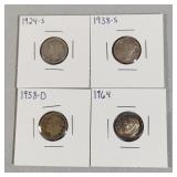4 Silver Dimes 1924-S, 1938-S, 1958-D, 1964