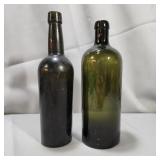 (2) Early Olive Green Glass Bottles