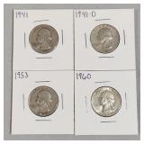 4 Silver Washington Quarters 1941, 1941-D, 1953,