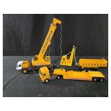 Assorted transportation toys, crane, trailer,