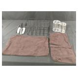 Metal wire basket, plastic canister set, knives