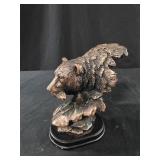 Bronzed Electroplated Bear Eating Fish On Wooden