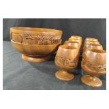 Vintage Boho Hand Carved Wood Tiki Bowl with 8
