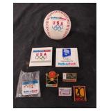 Collectable pins and signed baseball