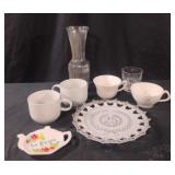 Vintage mugs, 25 yr anniversary plate and