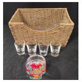 Basket, shot glasses and skull ashtray with a chip