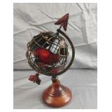 Desktop Metal Globe with Arrow. Wooden Base
