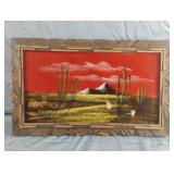 Vintage desert landscape red felt framed painting