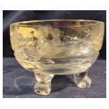 Crystal floral etched 3 footed trinket dish 4 x 3