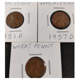 1951D, 1957D and 1958D wheat pennies