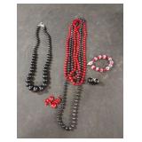 Black and red beaded necklace, earrings and