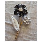 Vtg AVON  Black & White Enamel Flowers Leaf Clear