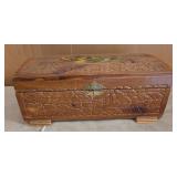 vintage carved cedar wood jewelry box featuring a