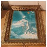Brass framed lighted Jesus portrait 17 x 21 1/2