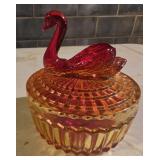 vintage Jeannette Glass swan powder jar amberina