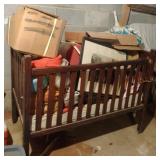 Baby bed lot including a vintage walker, outdoor