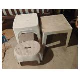3 small plastic tables and a plastic step stool