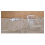 Fire king glass pie plate, pyrex glass loaf pan