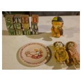 Vintage small bisque dolls, vintage blocks,