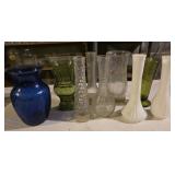 Assorted vintage vases, milk glass, green glass