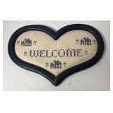 Handmade cross stitched welcome sign Blue frame