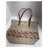 Beige and tan leather handbag detachable shoulder