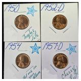 4 Wheatback pennies 1950, 1952-D, 1954, 1957-D