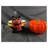Ceramic cat candy dish, wax pumpkin