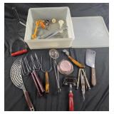 Assorted vtg kitchen tools in large Tupperware