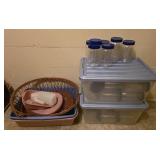Plastic peanut butter jars with lids in totes,