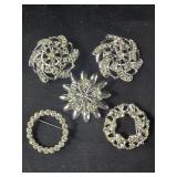5 Vintage Silverstone Rhinestone Brooches
