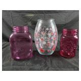 Pink glass jar vases and floral vase