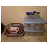 Plastic peanut butter jars with lids in totes,