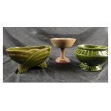 Green pottery planters and wooden pedestal
