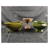 Green pottery planters and wooden pedestal