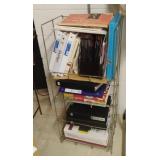 Metal shelf with Singer magazines and more sewing