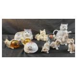 Cat figurines, teapot , planters, candle