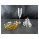orange glass bowl, leaf lid topper, 'groom'