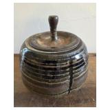 5.75' studio art pottery lidded jar, signed Karen
