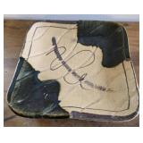 Stoneware square plate 9.5' green glaze abstract