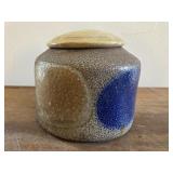 studio glazed lidded jar, can't make out