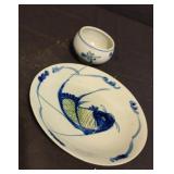 Studio blue and white pottery bowl and plate