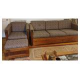 This End Up wooden couch and chair with ottoman